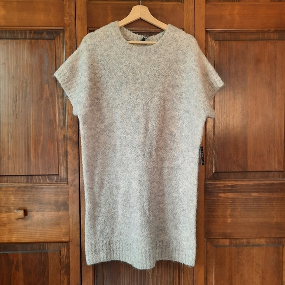 🛍 NWT Express Boucle Crew Neck Mini Shift Sweater Dress tan wool blend size L - Picture 2 of 14